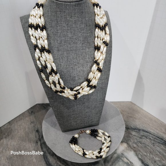 Vintage 5-Strand Faux Pearl & Black Bead Necklace Bracelet Set 20"/9" Gold Tone - Picture 1 of 6